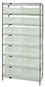 Wire Shelving w/ 8 Shelves & 14 Clear View 14-3/4" x 16-1/2" x 7" Bins
