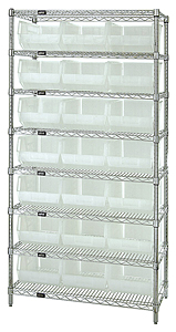 Wire Shelving w/ 8 Shelves & 21 Clear View 16" x 11" x 8" Bins