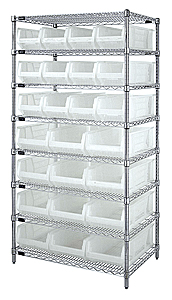 Chrome Wire Shelving w/ 8 Shelves & 24 Mixed Size Clear View Bins
