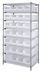 Chrome Wire Shelving w/ 8 Shelves & 28 Clear View 23-7/8" x 8-1/4" x 7" Bins