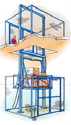 Drawing of a VRC loaded with boxes passing through a floor, with a person waiting at the top level