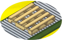 pallet on a roller conveyor with perpendicular top boards