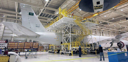 mobile work platform next to an aircraft in a hangar