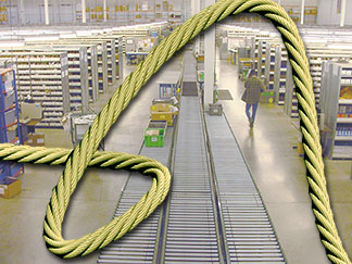 yellow rope superimposed over warehouse interior with conveyors and shelving
