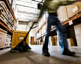 warehouse worker, pallet rack, pallet jack