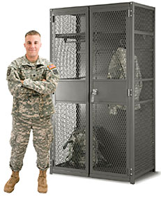 Man in camouflage military uniform standing in front of locker